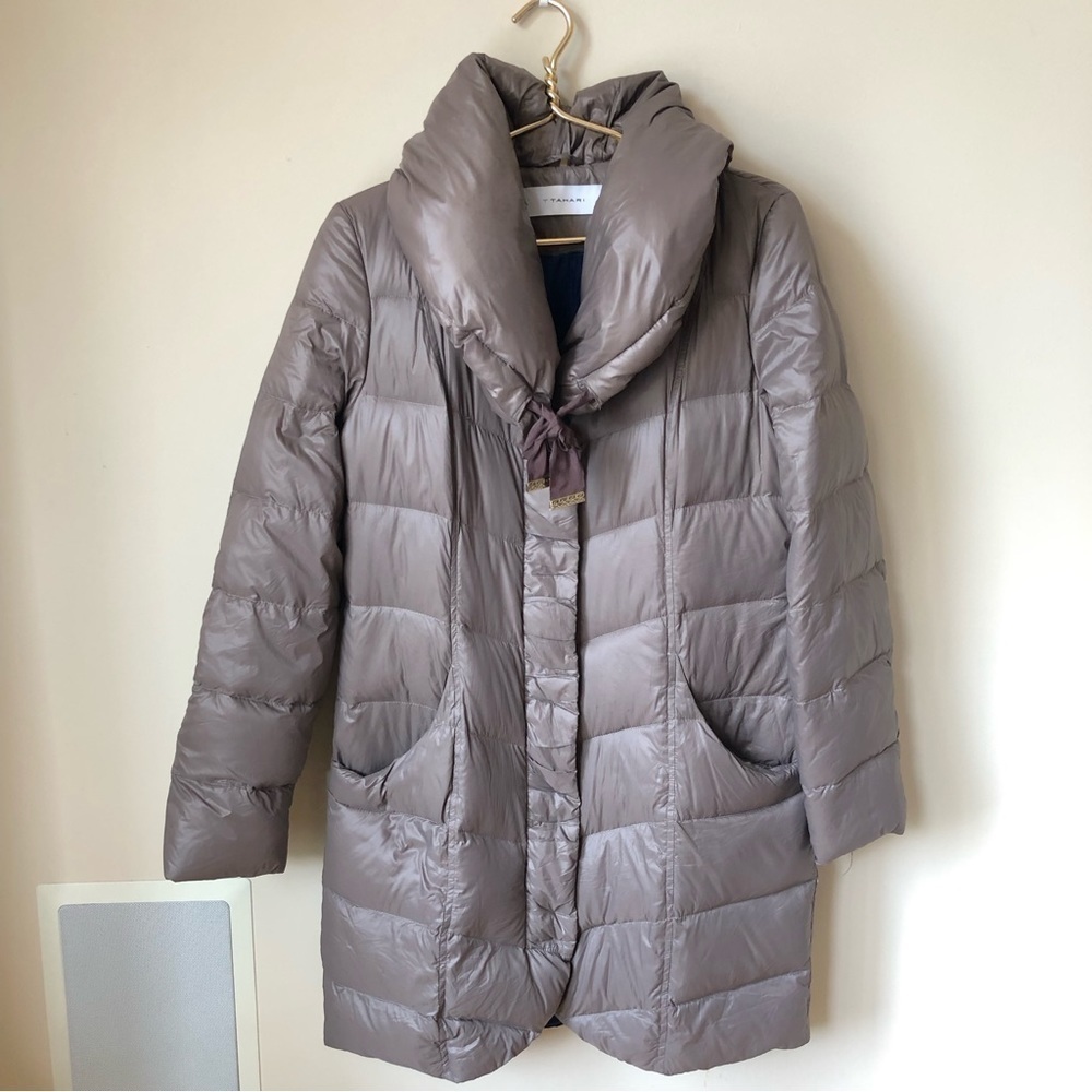 TAHARI Olivia Taupe Down Filled Puffer Coat M